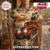 ZZ Top Eliminator button-down shirt featuring red hot rod car, desert landscape, palm trees, and band member portraits.!