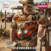 Man wearing a ZZ Top Eliminator button-down shirt with a red hot rod graphic, desert scenery, and Route 66 branding.!