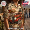 ZZ Top Eliminator button-up shirt featuring a red hot rod, desert landscape, US 66 sign, and band members on beige fabric.!