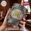 Michigan Wolverines NCAA basketball championship glass tumbler featuring an M logo surrounded by clear and blue crystals.!