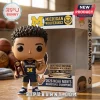 Michigan Wolverines vinyl bobblehead wearing basketball uniform holding a 2026 NCAA championship trophy in front of its box.!