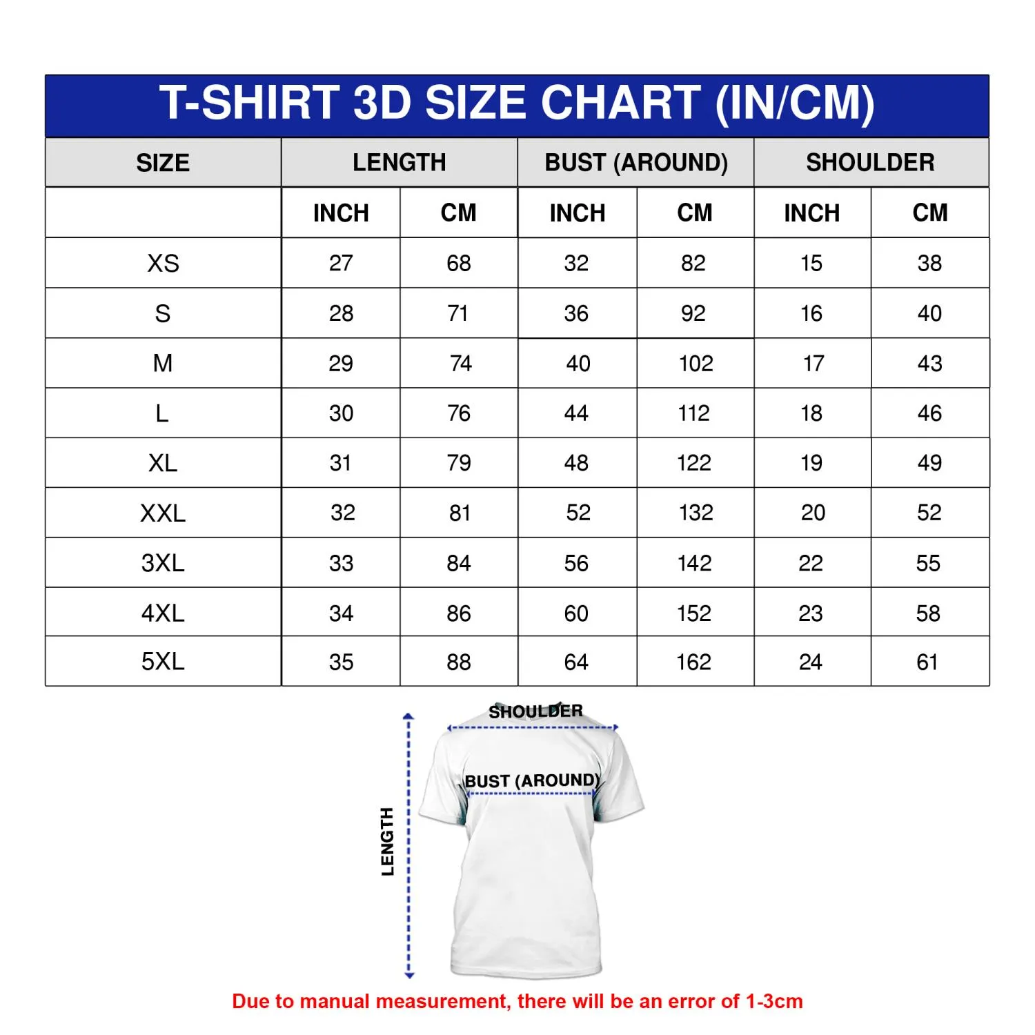Standard 3D T-Shirt Size Chart - Bipubunny