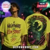 Neon yellow A Nightmare on Elm Street t-shirt with front text logo and full back graphic of Freddy Krueger in a suburban street.!