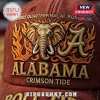 Alabama Crimson Tide 2025 Rose Bowl baseball cap featuring gold embroidered elephant mascot and flames on maroon fabric.