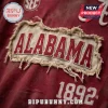 Alabama Crimson Tide Premium Distressed T-Shirt featuring a raw-edge beige fabric patch with maroon embroidery text.