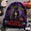 Alice Cooper Halloween Beanie Hat 2026 featuring purple knit, portrait, snake, and No More Mr. Nice Guy text in red.