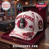Alice Cooper Horror Halloween 2026 Distressed Baseball Cap in white featuring blood splatters, a top hat portrait, and text.