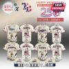 MLB team jerseys featuring Snoopy in a patriotic hat with American flags and fireworks on an off-white background.!