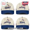 Four beige and blue baseball caps featuring Snoopy in a patriotic hat with MLB team logos and firework patterns.!