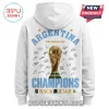 Argentina National Soccer Team World Cup Champions white hoodie featuring trophy graphic, player signatures, and gold stars.