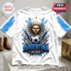Argentina National Team 2026 Road to Glory T-Shirt featuring a graphic of the Sol de Mayo, a soccer ball, and blue ink.