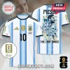 Argentina National Team Messi 2026 World Cup Final shirt featuring blue and white stripes, number 10, and collage graphics.
