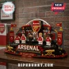 Arsenal FC building block display with five minifigures, 2025/26 championship trophy, and gold cannons on brick base.!