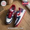 Atlanta Braves inspired custom sneakers with red, navy blue, and white leather, featuring A-logo and custom name script.!