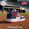 Custom Nike Air Force 1 sneaker in Atlanta Braves navy and red colors with Your Name text on a baseball field background.!