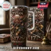 Attack on Titan 17th anniversary stainless steel travel tumbler with Eren, Mikasa, Levi, and Colossal Titan graphics.!