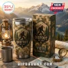 Bigfoot themed stainless steel camouflage Yeti tumbler with matching packaging on a rustic table with a brass compass.!