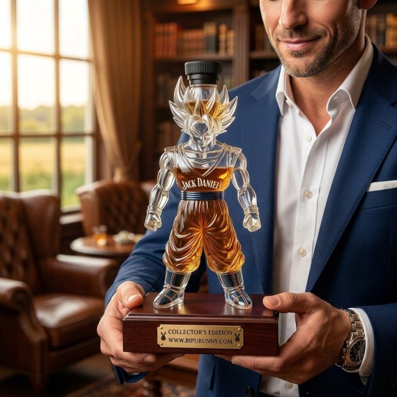 Clear glass Goku Dragon Ball Whisky Bottle filled with amber bourbon on a stone surface