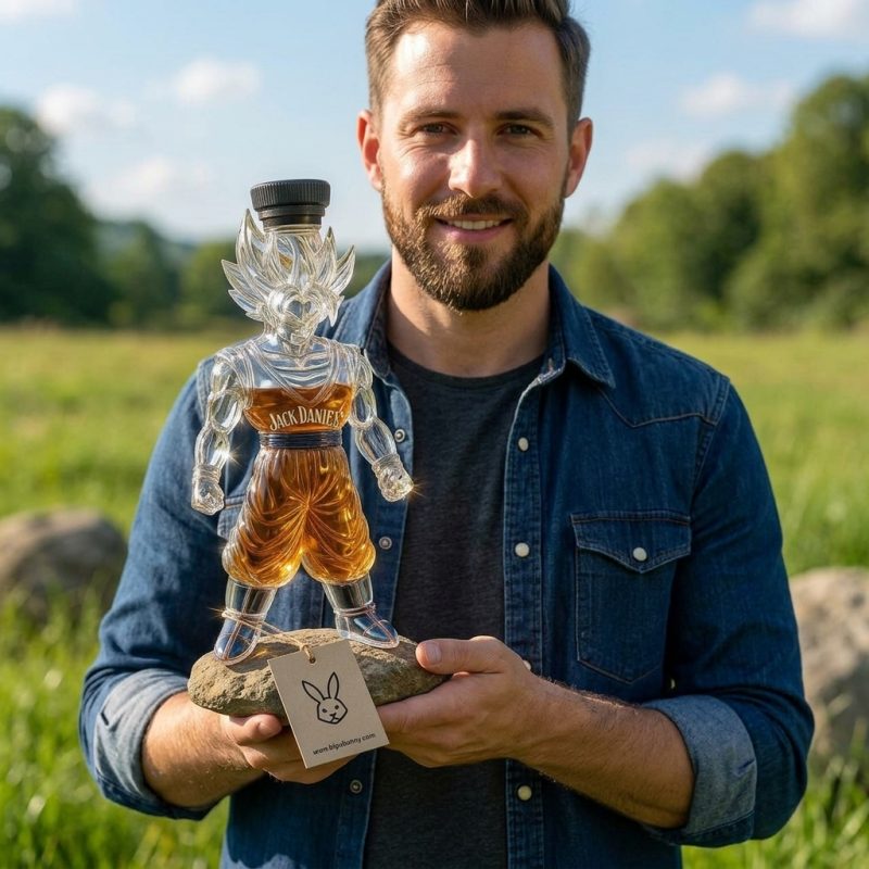 A smiling bearded man holds up the bipubunny goku dragon ball whisky bottle product 2 which is shaped like the character Goku outside in a field!