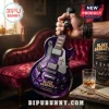 Black Sabbath Paranoid themed purple electric guitar shaped glass liquor bottle held in hand with premium box on table.!