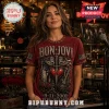 Bon Jovi 25th Anniversary Limited Edition T-Shirt in burgundy featuring Statue of Liberty, sword, heart, and guitar graphic.