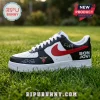 Custom Nike Air Force 1 sneaker featuring black and white leather, a red swoosh, Bon Jovi text, and dagger heart graphic.!