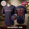 Navy blue pinstripe Bon Jovi baseball jersey with red lettering, winged heart logo, and New Jersey 83 back graphic.!