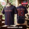 Navy blue pinstriped Bon Jovi baseball jersey with red lettering, number 83, and band member signatures on the back.!