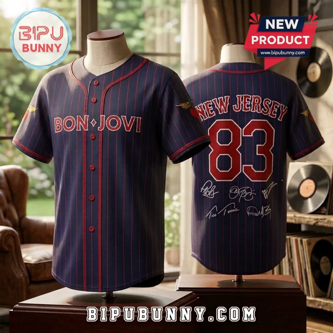 Bon Jovi Forever Tour Navy Blue Pinstripe Baseball Jersey Bon Jovi Forever Tour Navy Blue Pinstripe Baseball Jersey