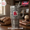 Boston Red Sox stainless steel Yeti tumbler featuring Fenway Park engraving, team logo, and crystal accents on a desk.!