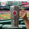 Boston Red Sox silver embossed tumbler with Fenway Park engraving, red socks logo, and crystal accents at a baseball game.!