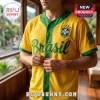 Yellow Brazil baseball jersey with green trim, CBF crest, and Amazonas patch on the sleeve.!