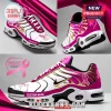 Custom breast cancer awareness sneakers featuring pink ribbons, butterfly graphics, and personalized name text fields.!
