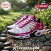 Custom breast cancer awareness sneakers featuring pink ribbons, gold accents, white mesh, and customizable name side panel.!