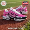 Pink and white breast cancer awareness sneakers with football lace patterns, Hope text, and custom name area on track.!