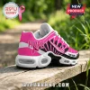 Pink and black running sneaker featuring HOPE text, a breast cancer awareness ribbon, and customizable name plate.!