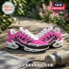 Custom pink breast cancer awareness sneakers with white laces, HOPE text, and personalized name field on wooden deck.!