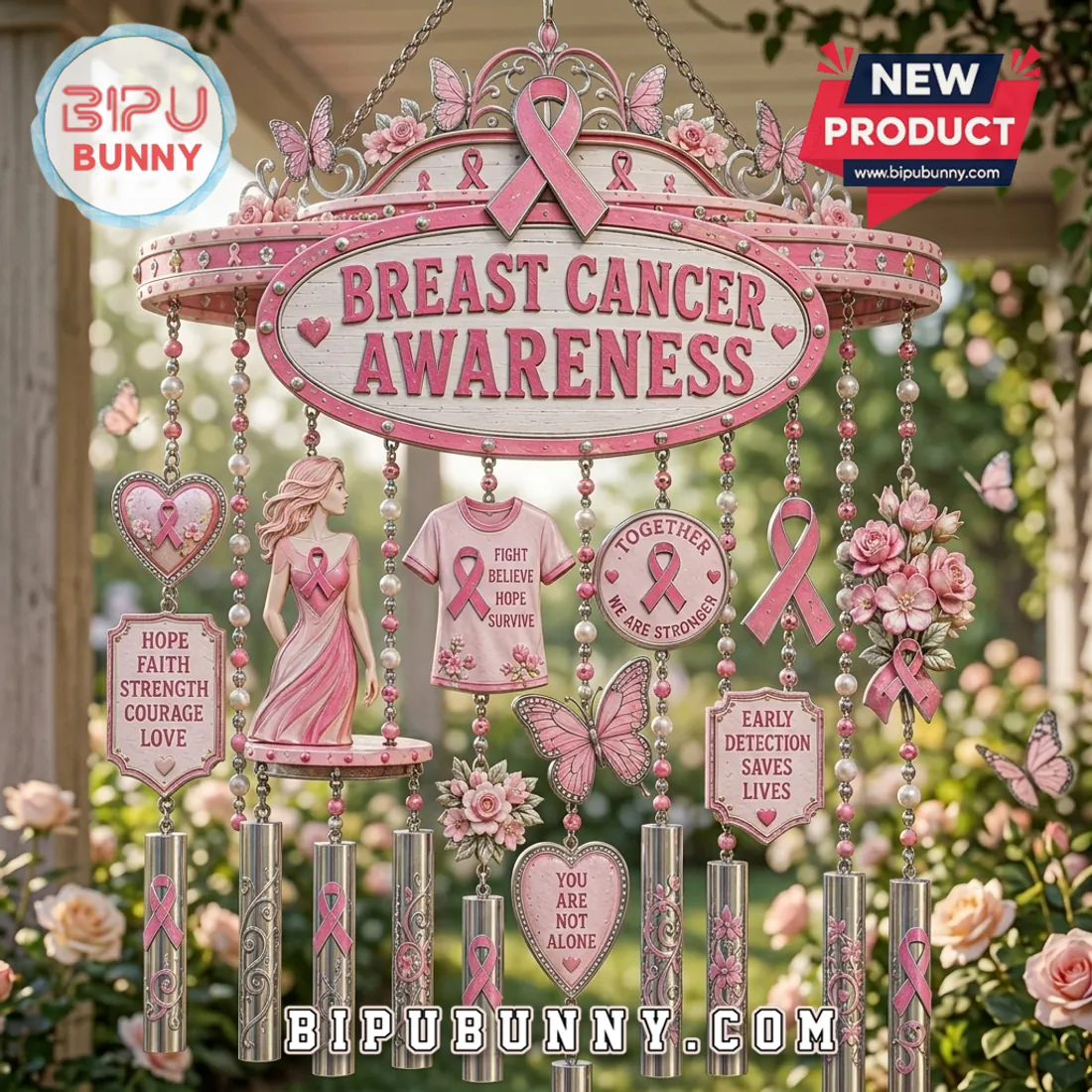 Breast Cancer Awareness Pink Ribbon Sculpted Wind Chime Breast Cancer Awareness Pink Ribbon Sculpted Wind Chime