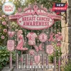 Breast cancer awareness wind chime with pink ribbons, metallic tubes, floral accents, and inspirational text plaques.!