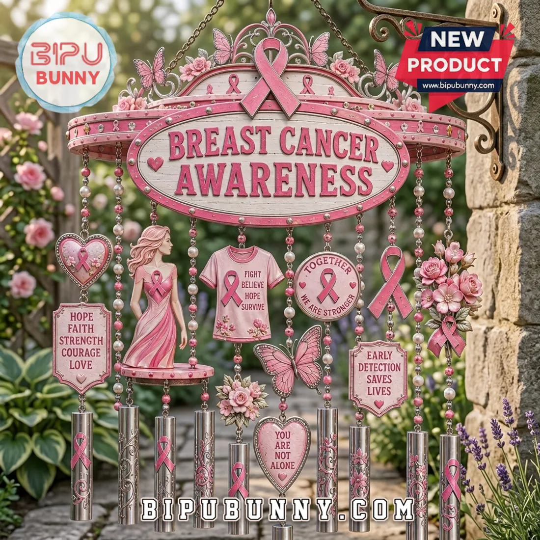 Breast Cancer Awareness Pink Ribbon Sculpted Wind Chime Breast Cancer Awareness Pink Ribbon Sculpted Wind Chime