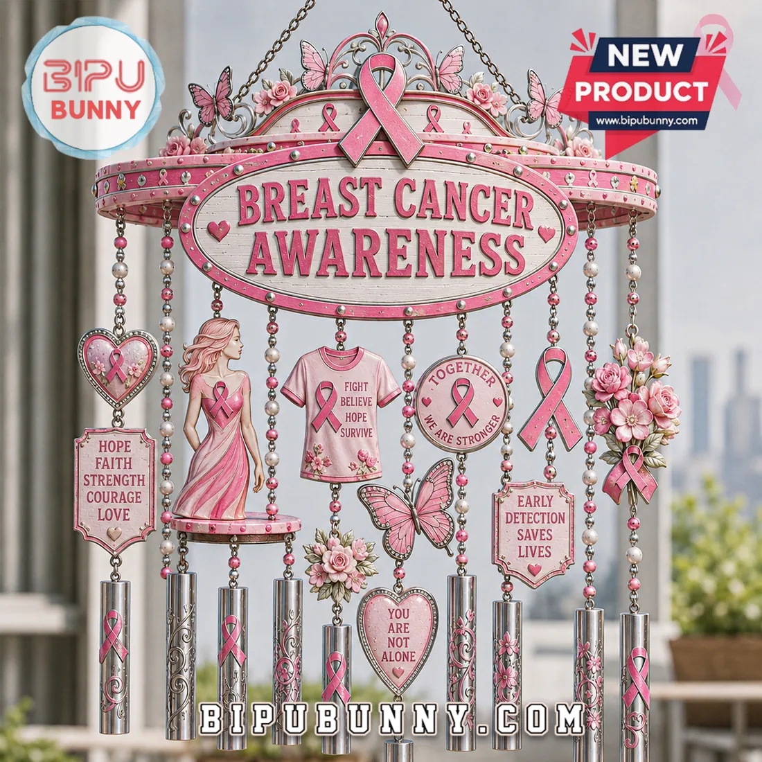 Breast Cancer Awareness Pink Ribbon Sculpted Wind Chime Breast Cancer Awareness Pink Ribbon Sculpted Wind Chime