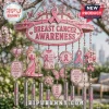 Breast cancer awareness wind chime with pink ribbons, metallic tubes, floral accents, and inspirational text plaques.!
