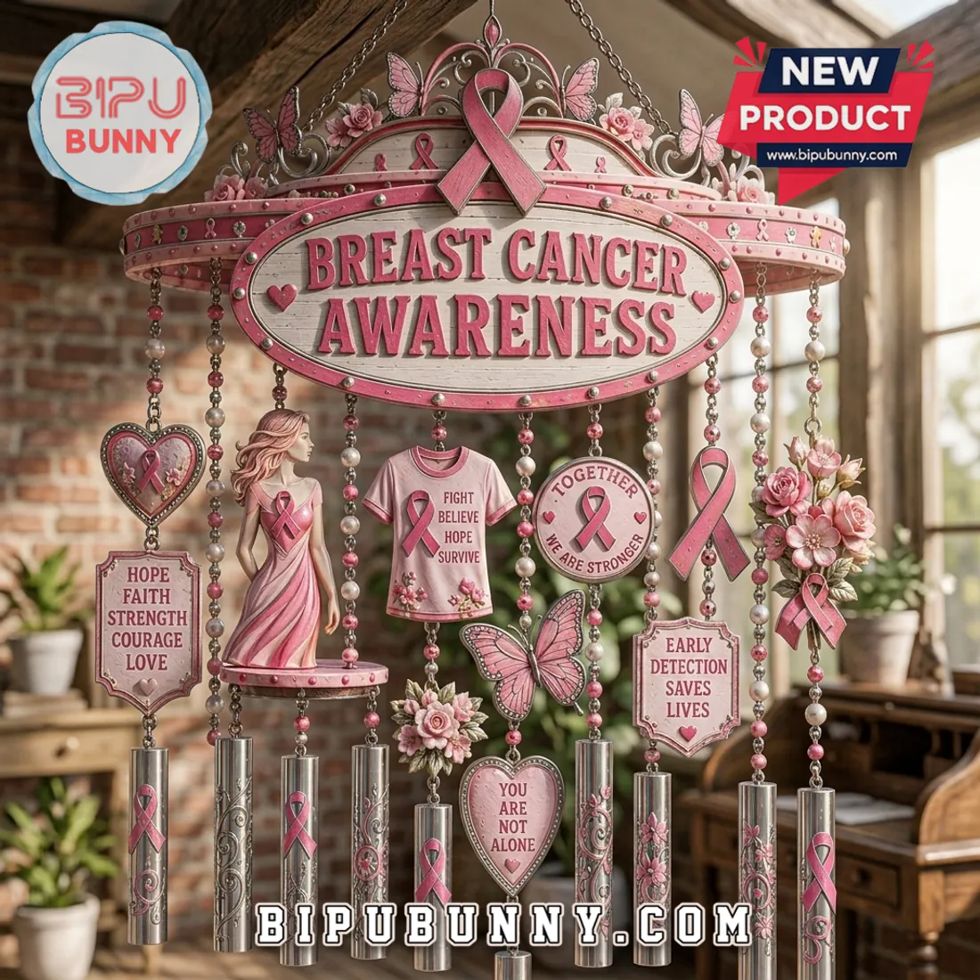 Breast Cancer Awareness Pink Ribbon Sculpted Wind Chime Breast Cancer Awareness Pink Ribbon Sculpted Wind Chime