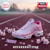 Pink and white running shoe with a breast cancer awareness ribbon, heartbeat graphic, and faith-hope-love text on track.!