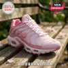 Pink breast cancer awareness sneaker with metallic silver accents, white laces, and faith-hope-love text on a wooden bench.!