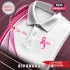 Customizable white polo shirt with pink breast cancer awareness ribbon and heart graphic, featuring space for a name.!