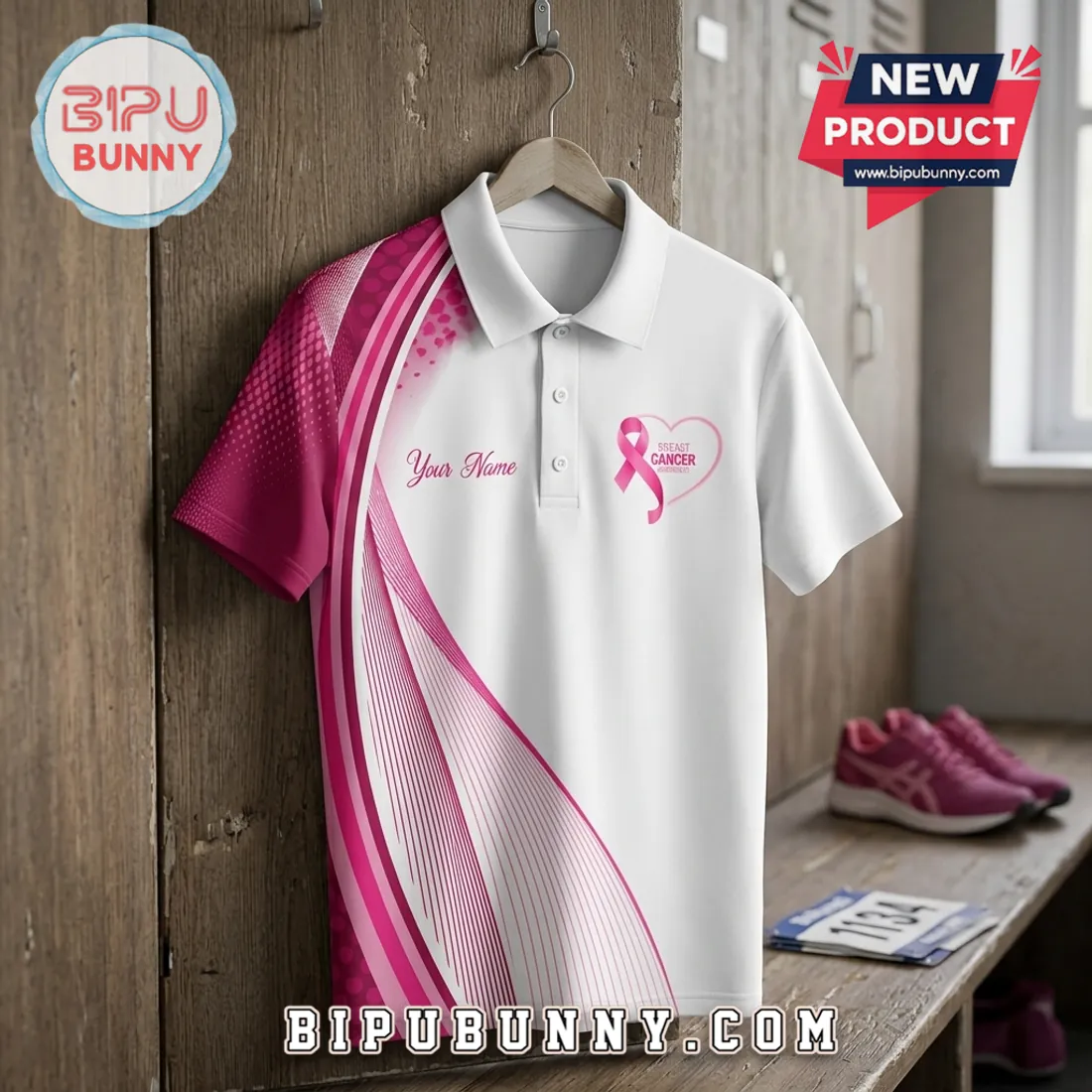 Breast Cancer Awareness Ribbon Custom Name Polo Shirt Breast Cancer Awareness Ribbon Custom Name Polo Shirt