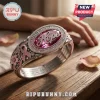 Breast Cancer Awareness Silver Tone Hope Charm Bracelet featuring a pink gem, floral engravings, and a ribbon motif.