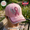 Pink baseball cap featuring a glittery breast cancer awareness ribbon with wings and Breast Cancer Survivor text embroidery.!