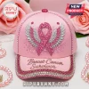 Pink baseball cap featuring a glittery pink ribbon with silver wings and the text Breast Cancer Survivor on the brim.!